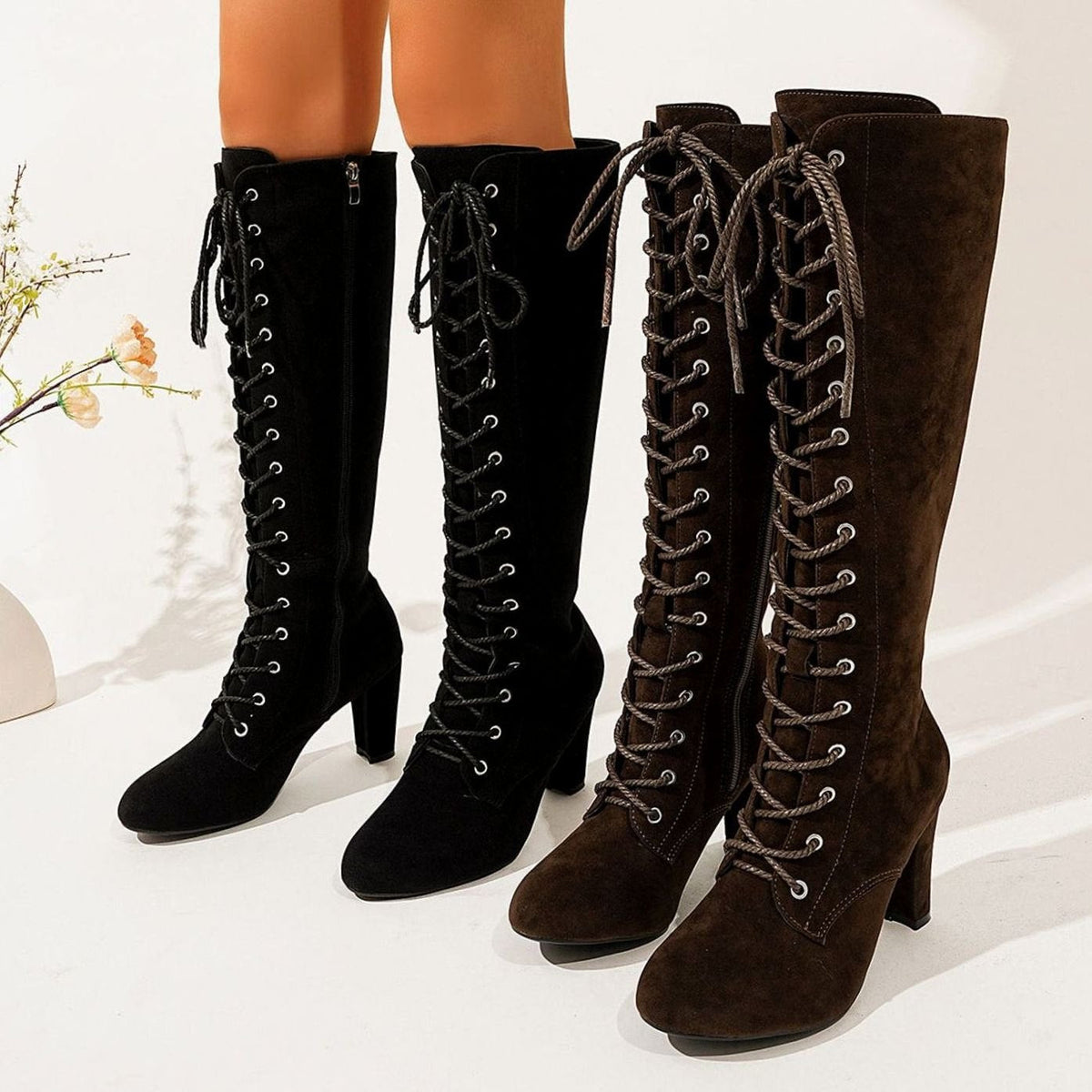 Lace-up over-the-knee boots in black or brown for women