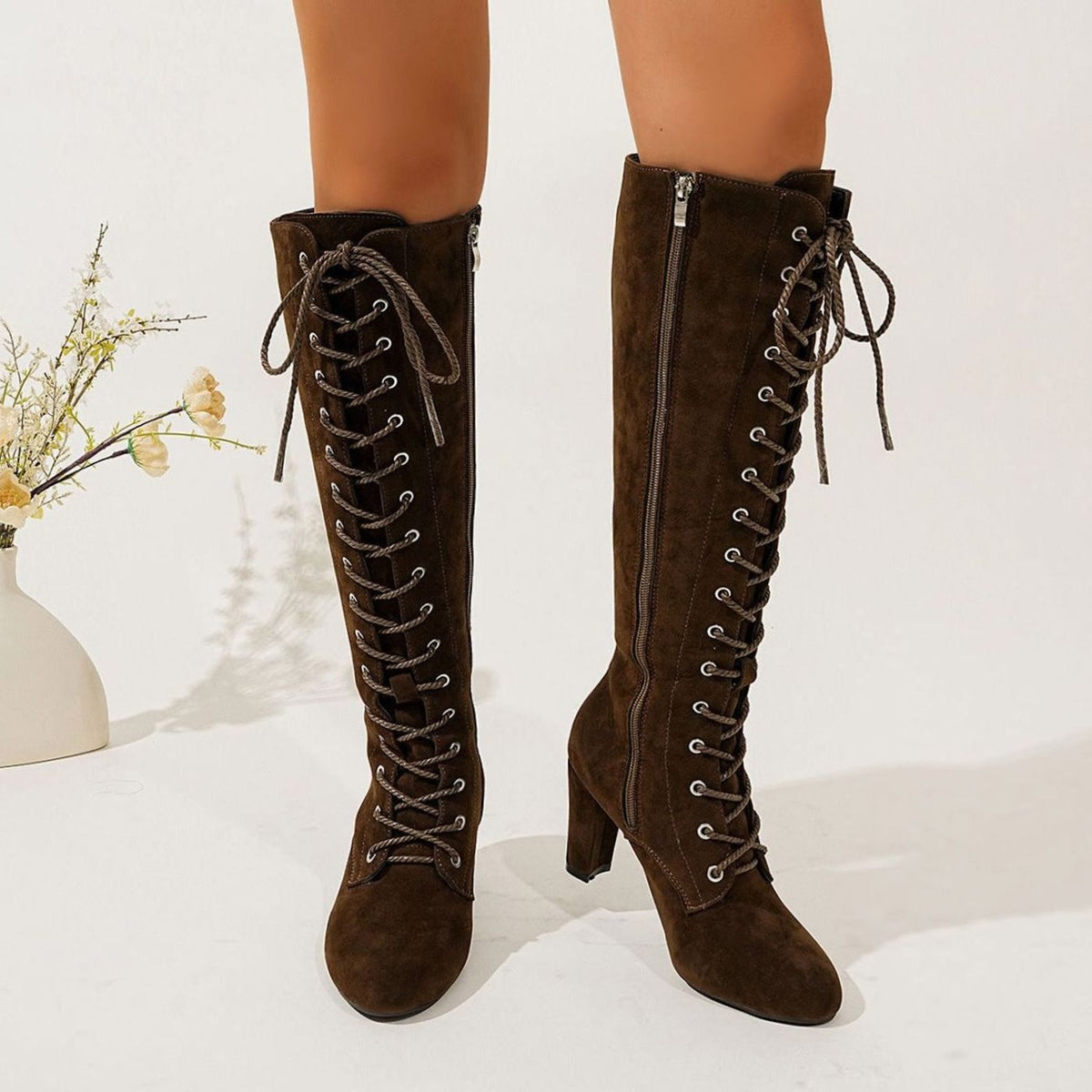 Lace-up over-the-knee boots in black or brown for women