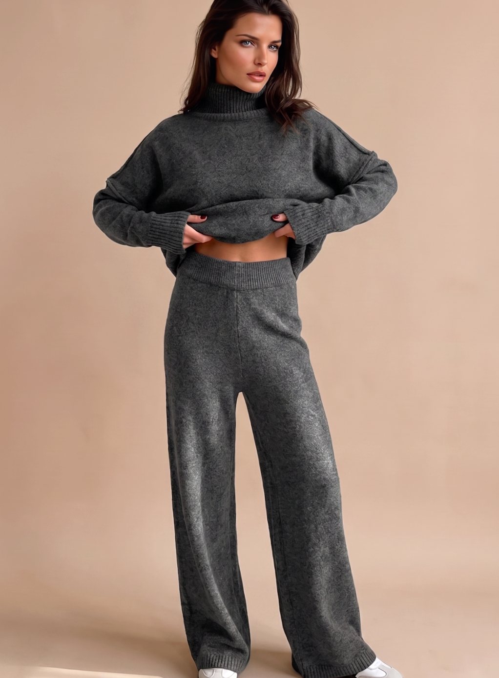 Oversized turtleneck wide-leg knit set in grey for women