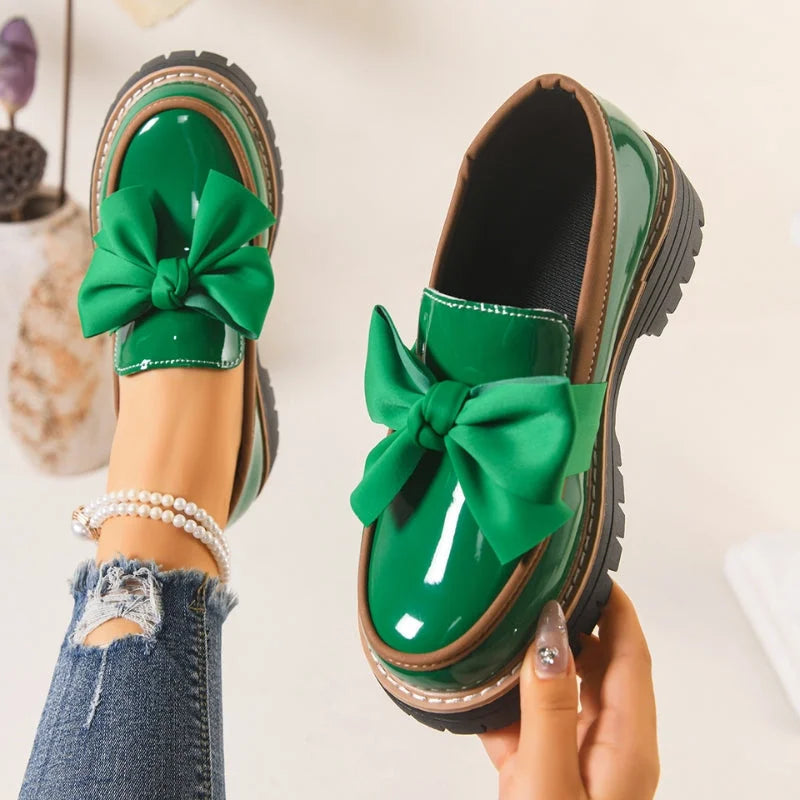 Big bow patent-look platform loafers for women