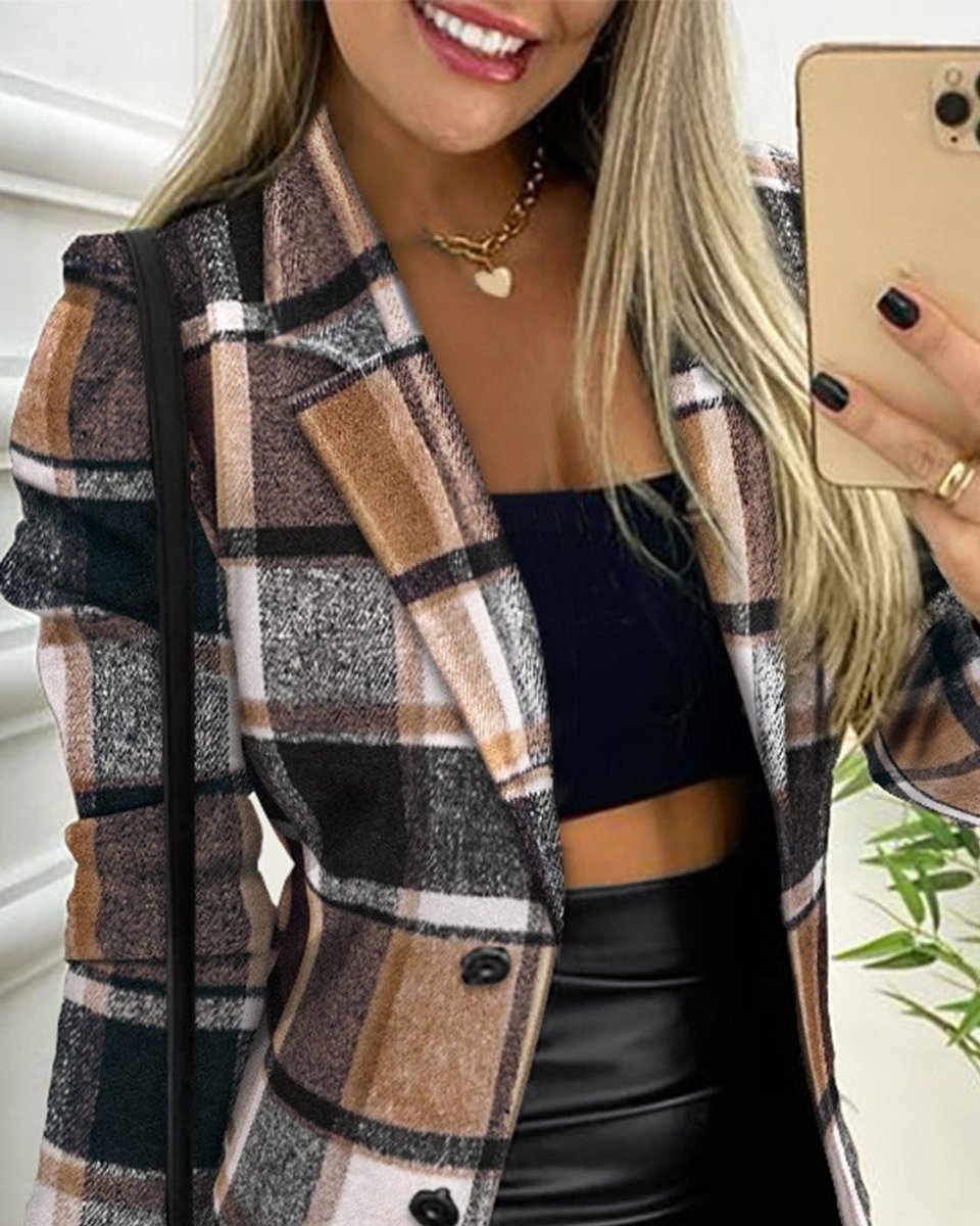 Plaid single-breasted blazer in brown and black for women