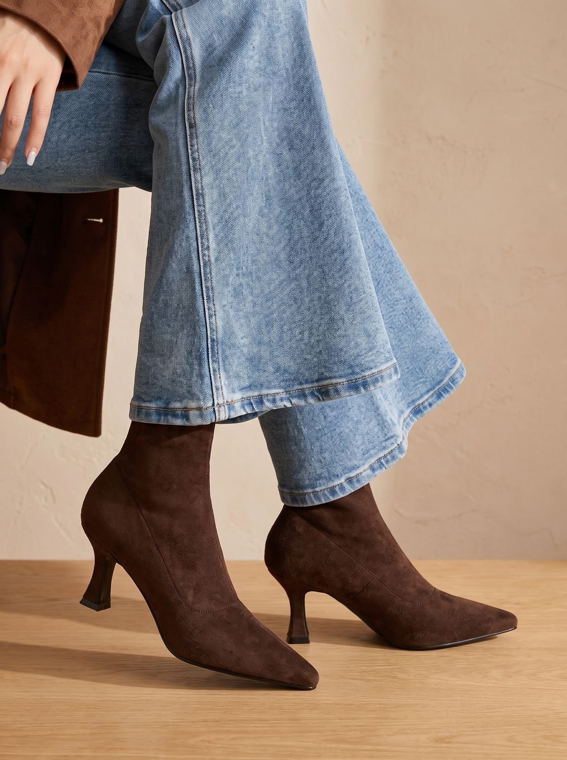 Pointed toe kitten heel sock boots for women