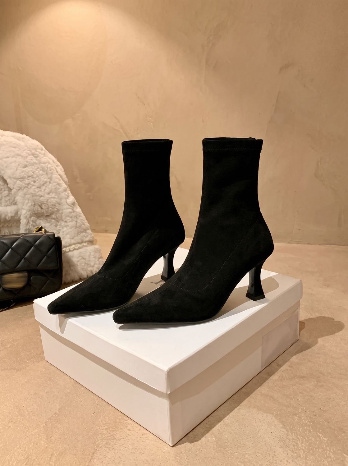 Pointed toe kitten heel sock boots for women