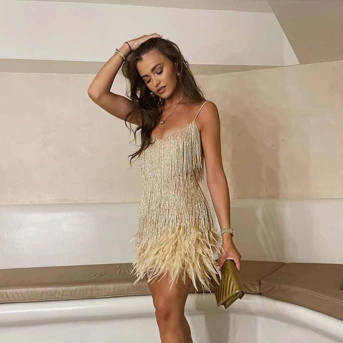 Sequin dress with feather hem for women