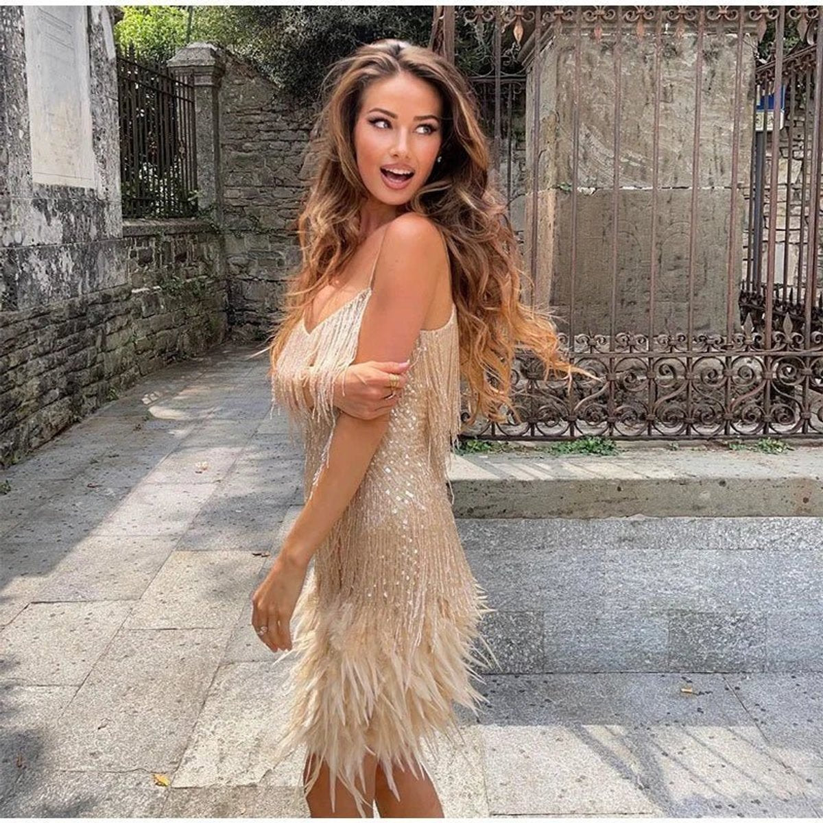 Sequin dress with feather hem for women