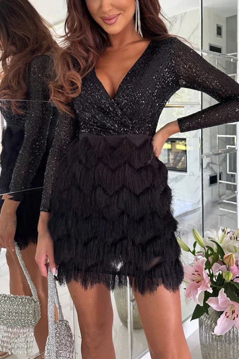 Sequin mini dress with feather skirt for women