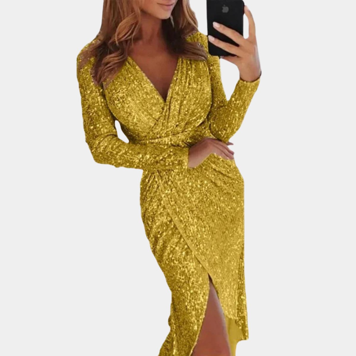 Long-sleeve sequin dress with V-neck for women