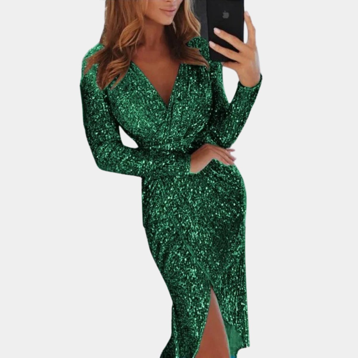 Long-sleeve sequin dress with V-neck for women