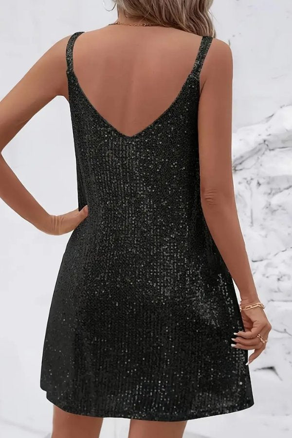 Black sequin slip mini dress with V-neck for women