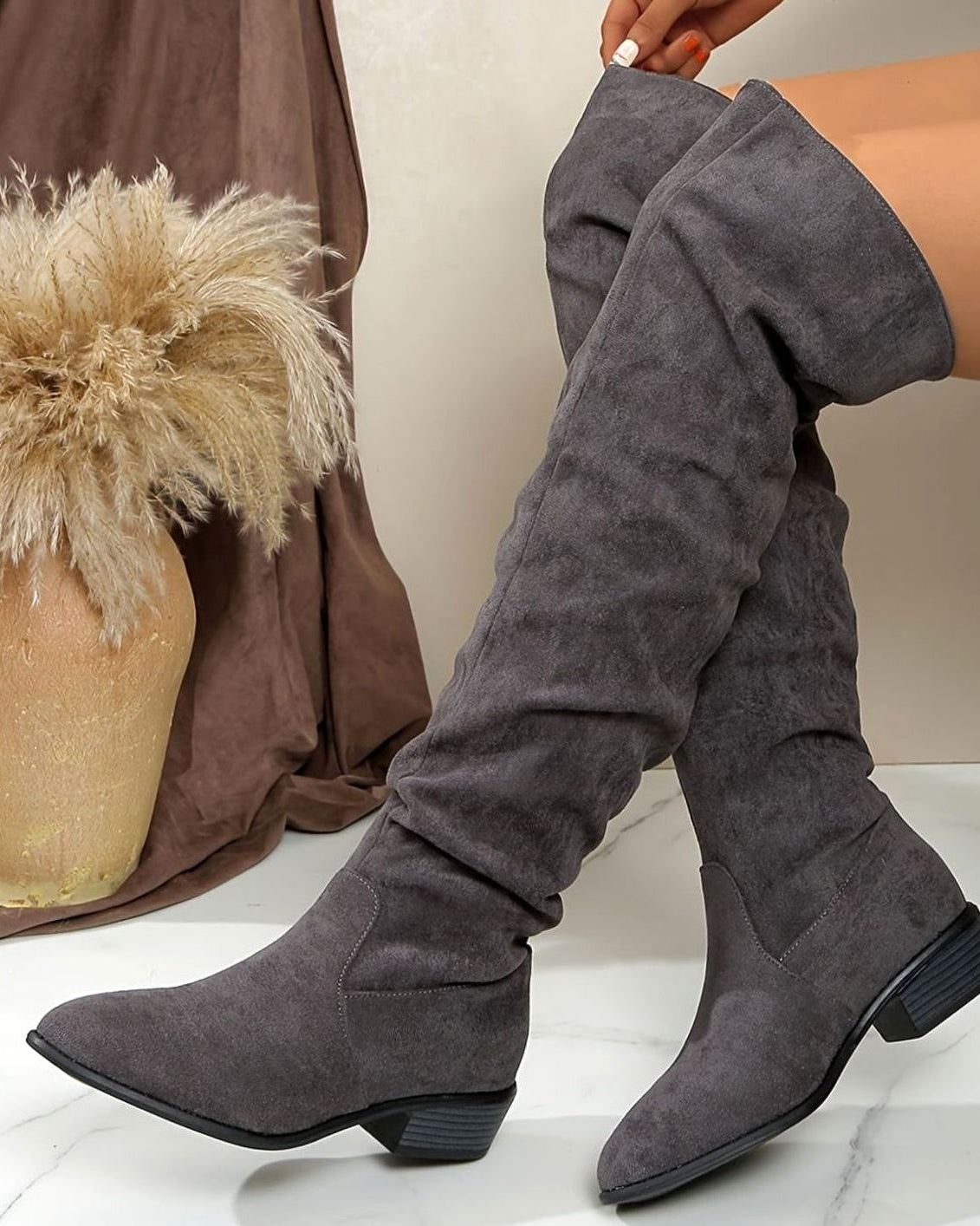 Slouch knee-high boots in black, gray or khaki for women