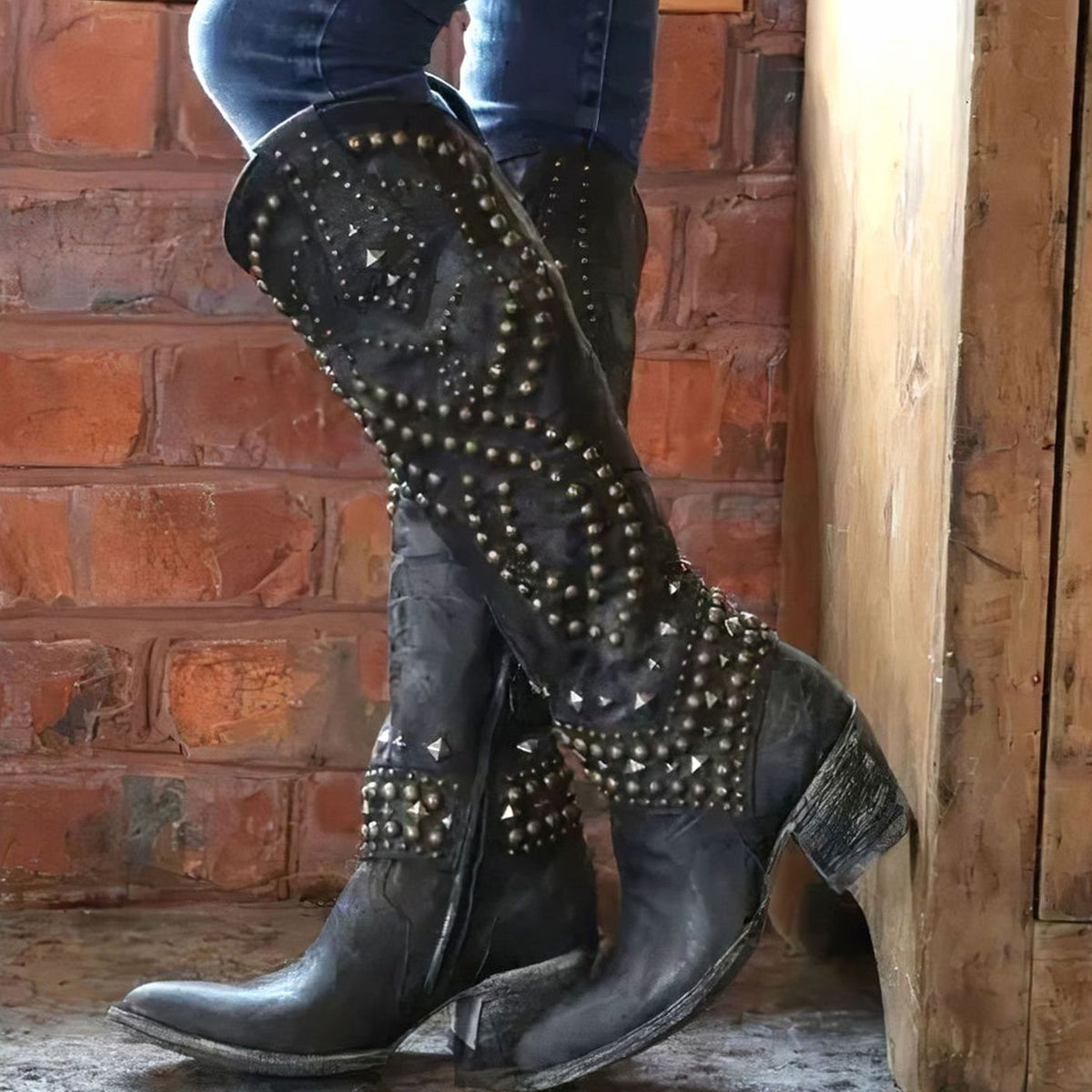 Studded knee-high cowboy boots for women