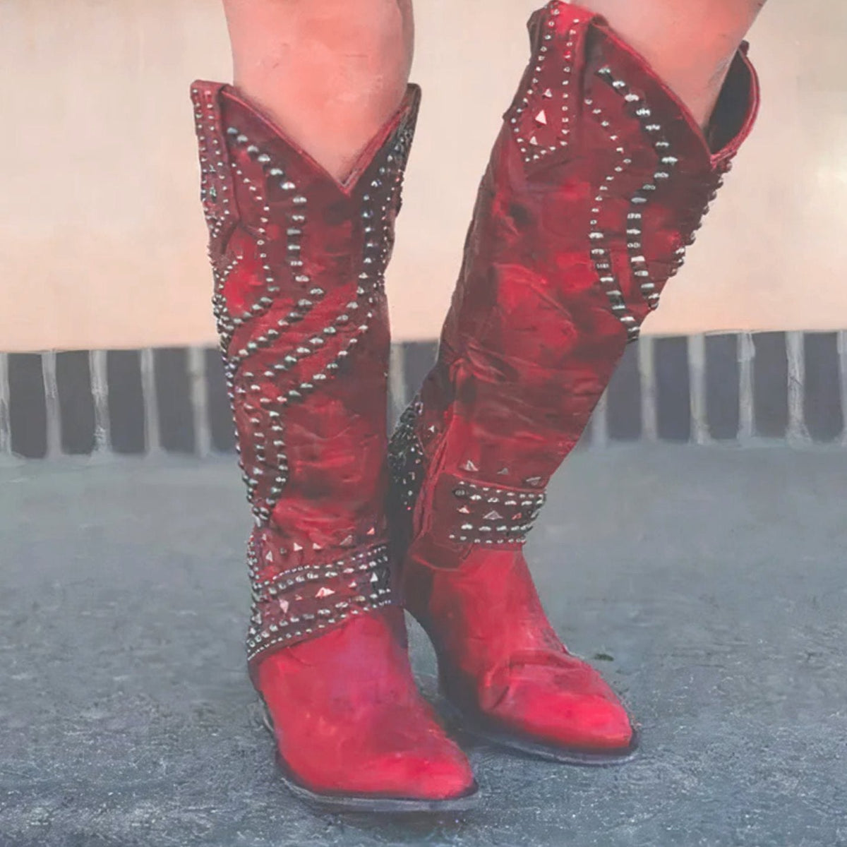 Studded knee-high cowboy boots for women