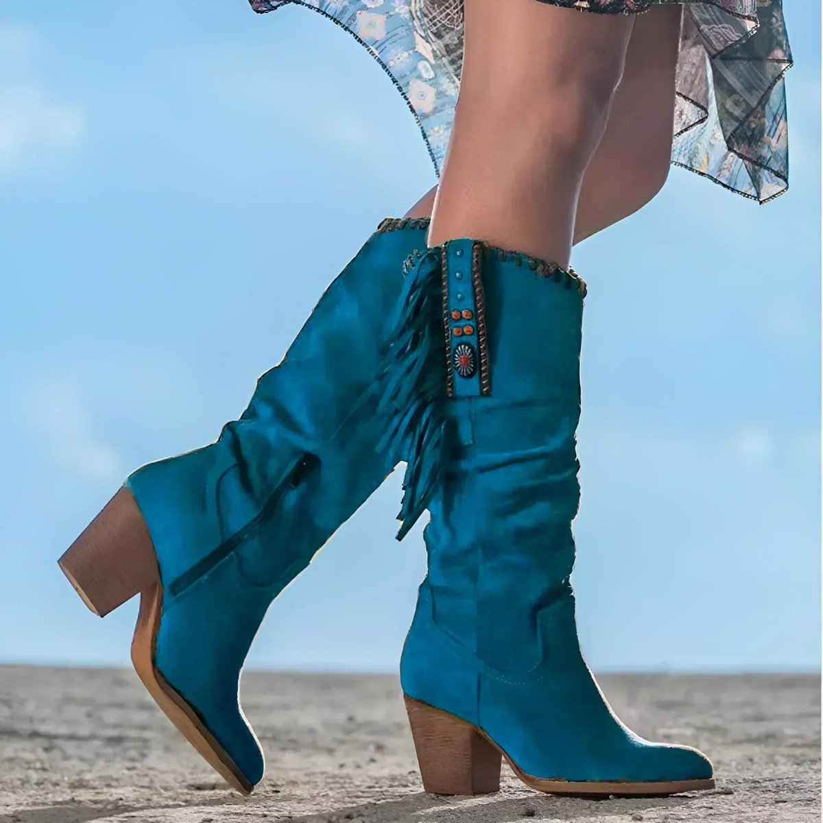 Fringe knee-high cowboy boots for women