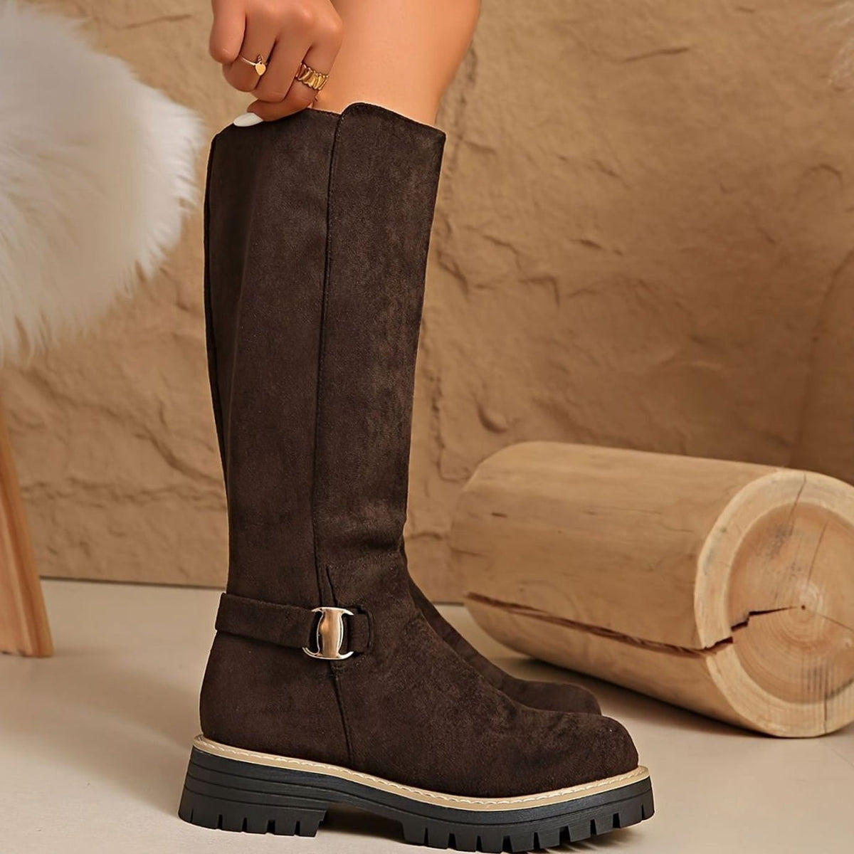 Lug sole knee-high boots in black, beige or coffee for women