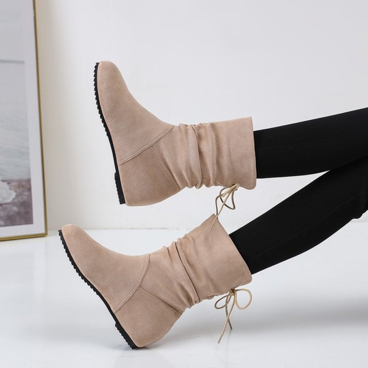 Ruched lace-back flat ankle slouch boots for women