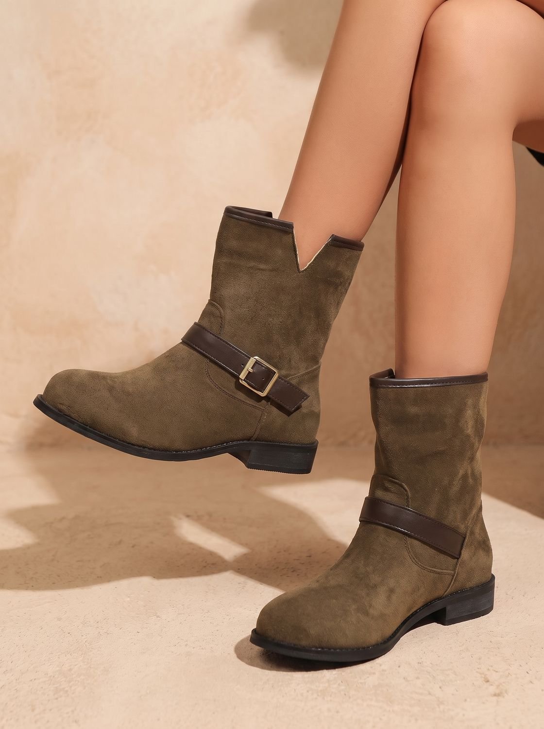 Flat buckle ankle boots in dark brown or ecru for women