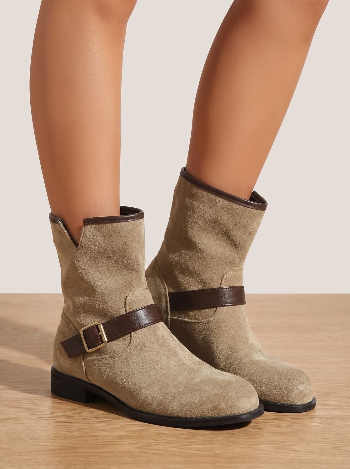 Flat buckle ankle boots in dark brown or ecru for women