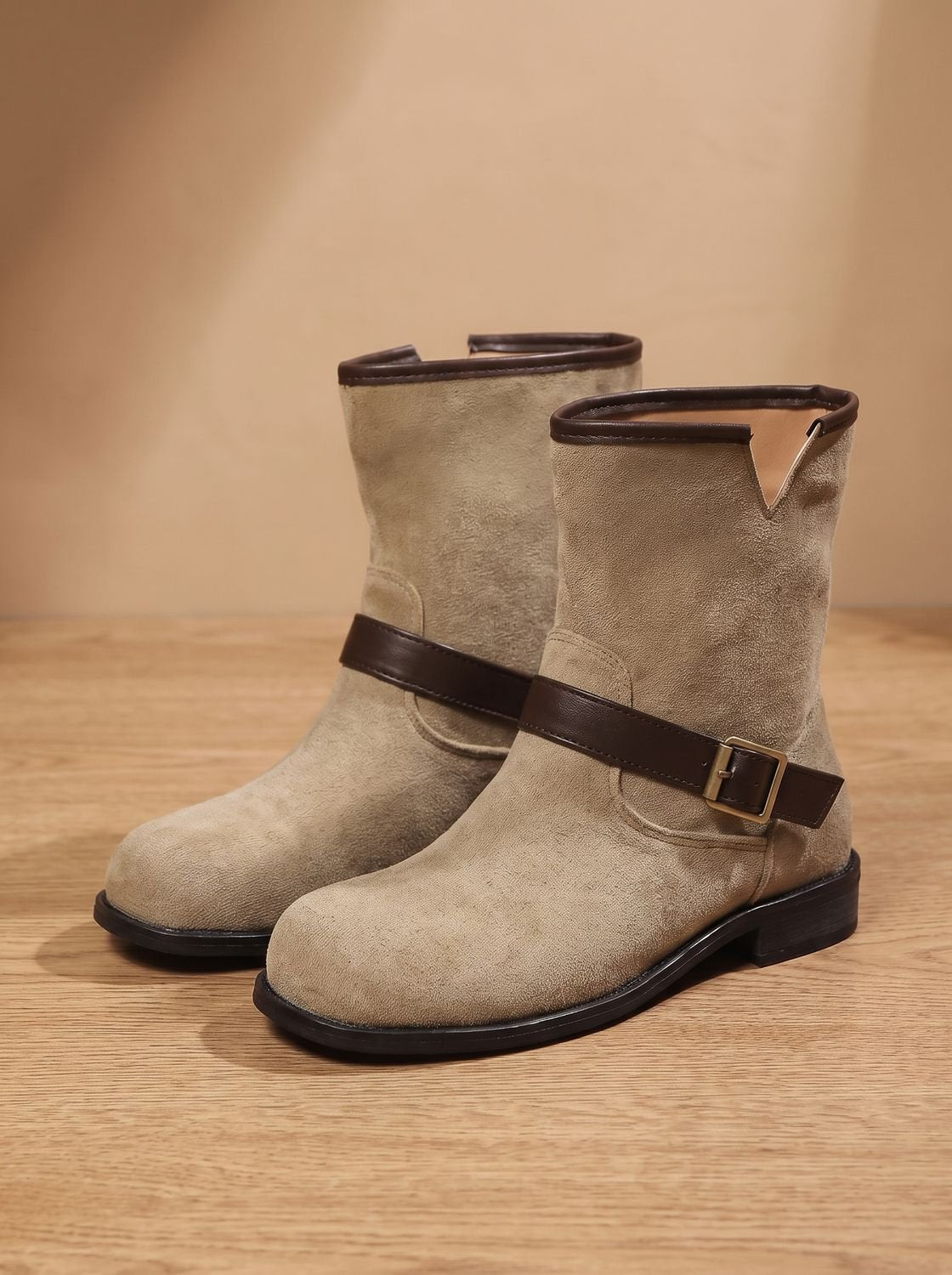 Flat buckle ankle boots in dark brown or ecru for women