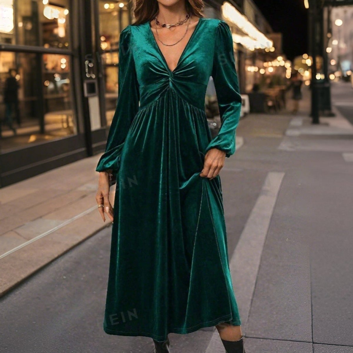 Ink green velvet midi dress with twist front for women