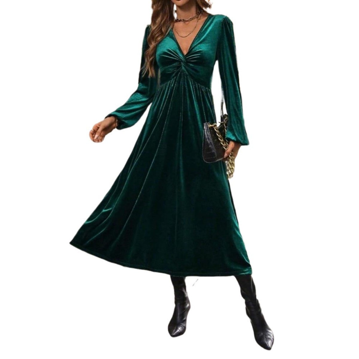 Ink green velvet midi dress with twist front for women