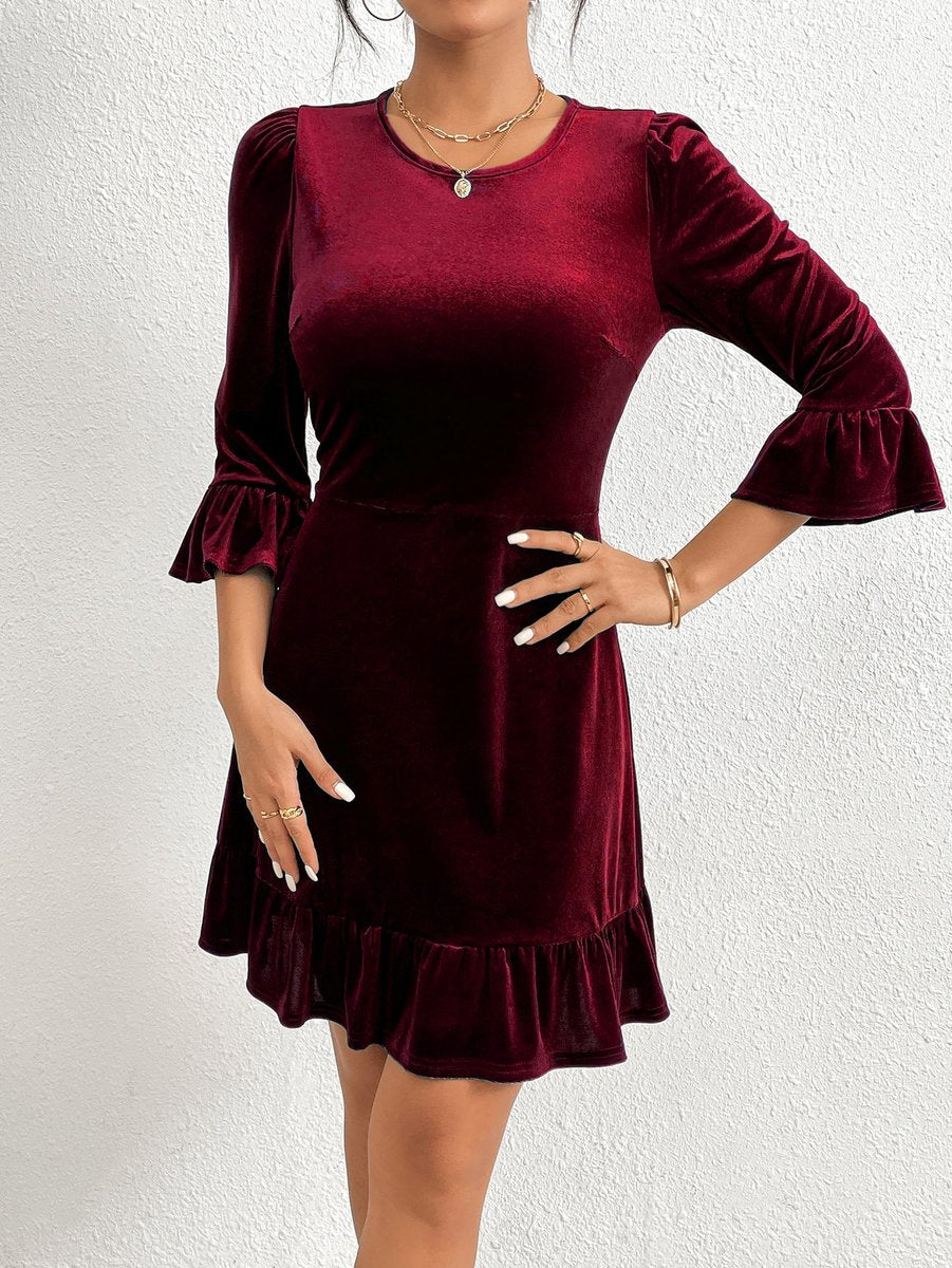Velvet mini dress with ruffle hem for women