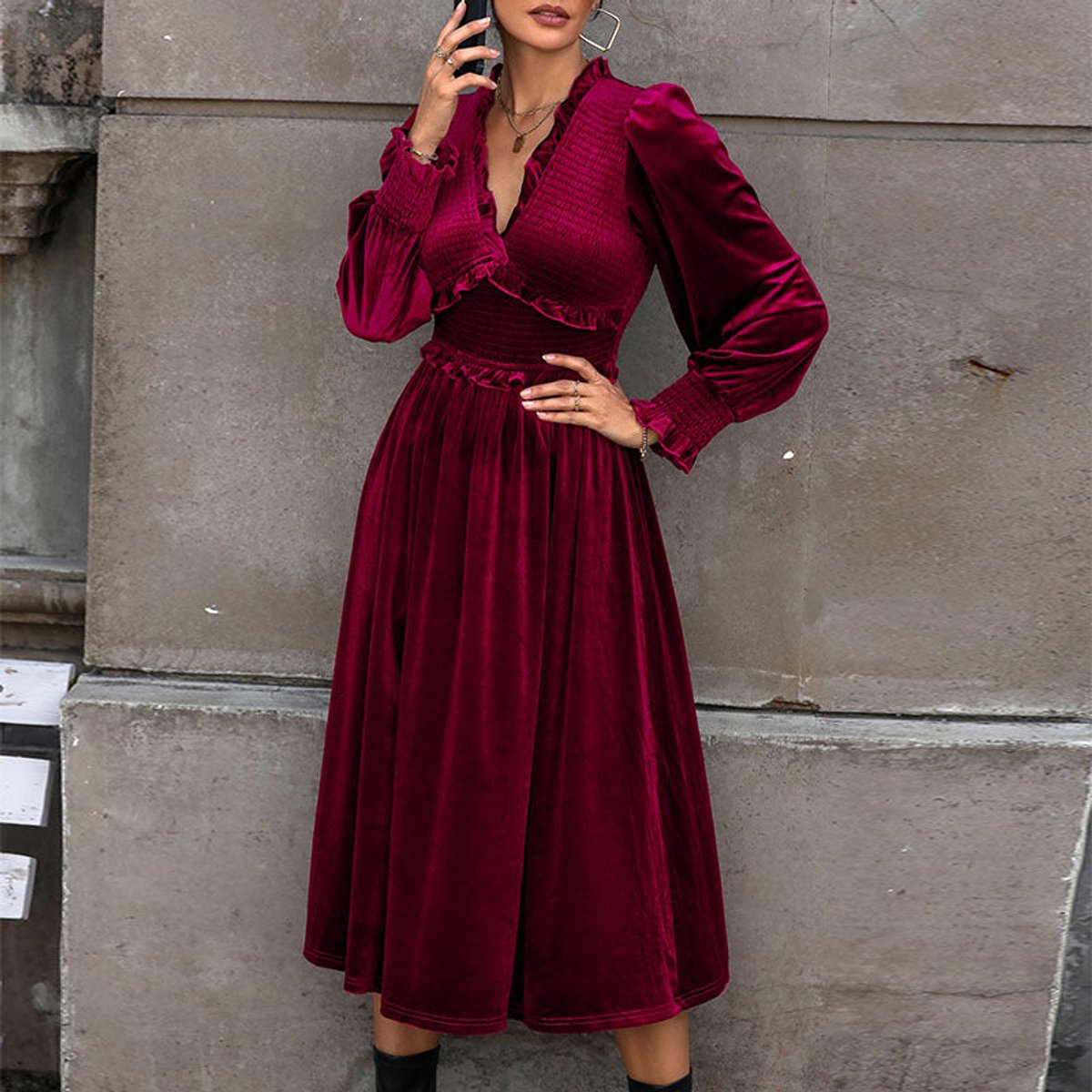 Burgundy velvet midi dress with ruffle V-neck for women