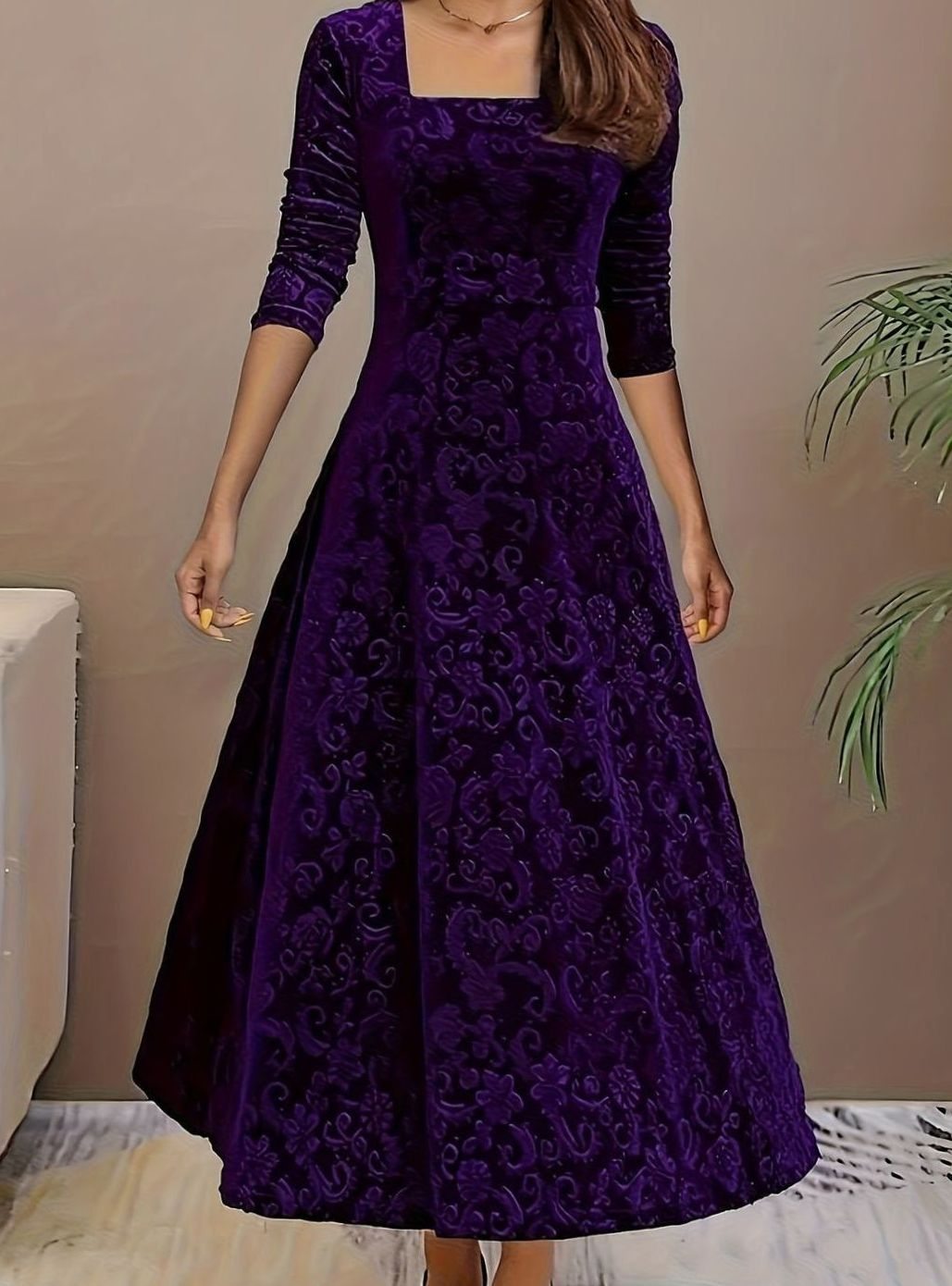 Floral-embossed velvet dress with square neck for women
