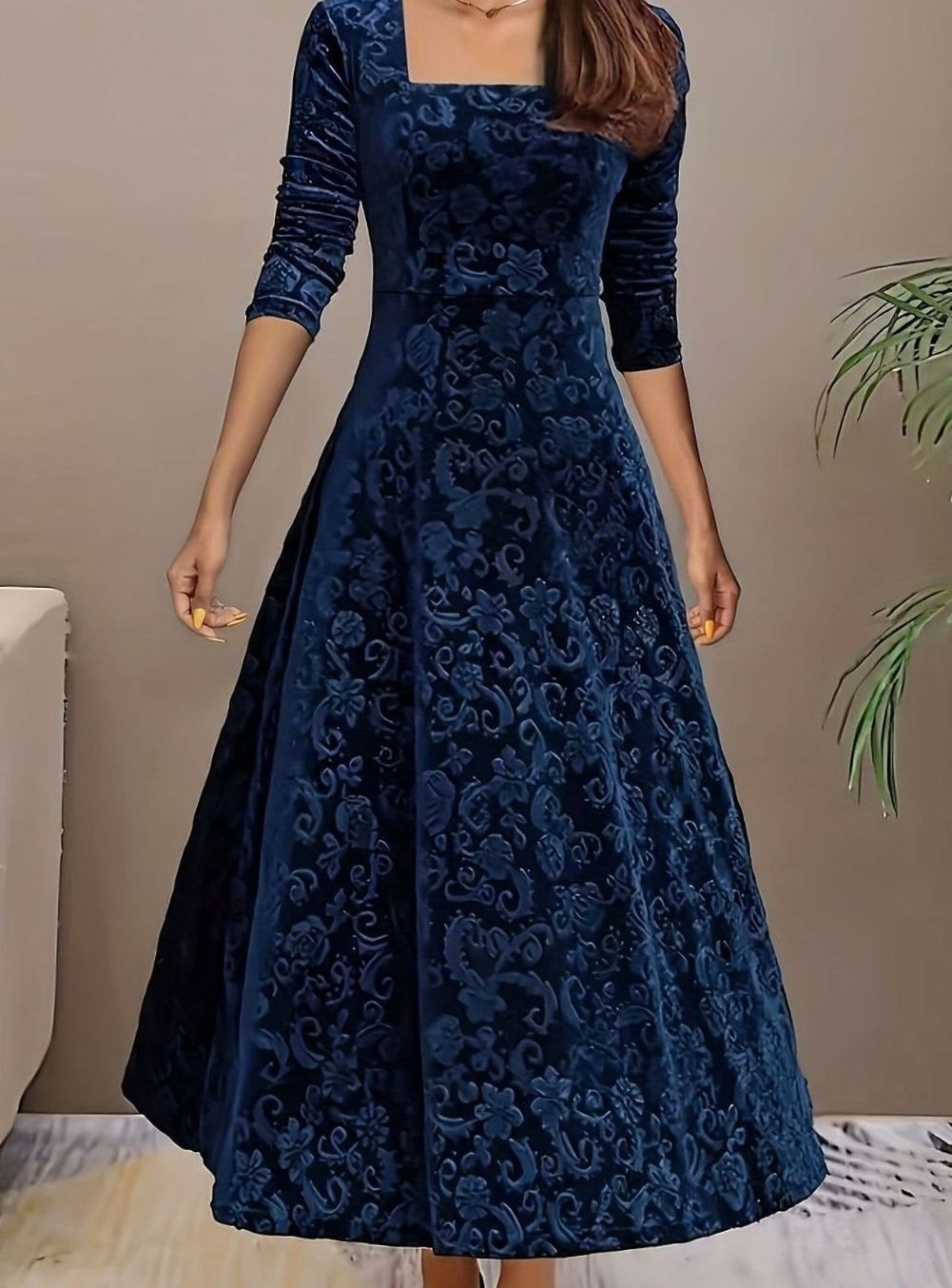 Floral-embossed velvet dress with square neck for women