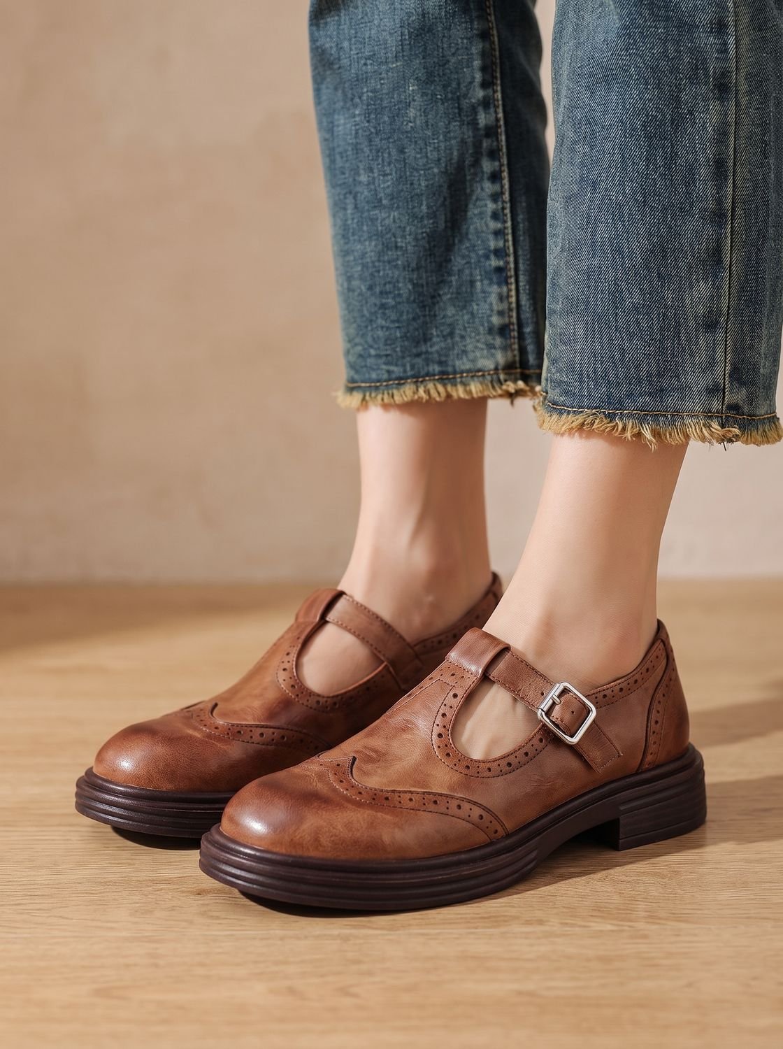 Wingtip buckle T-strap flats for women