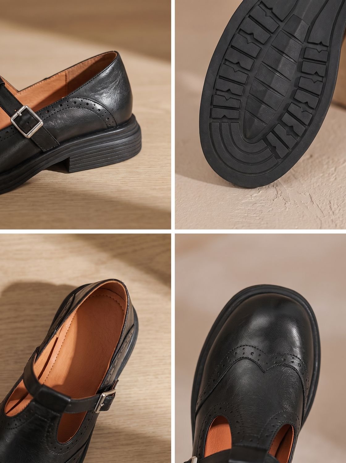 Wingtip buckle T-strap flats for women