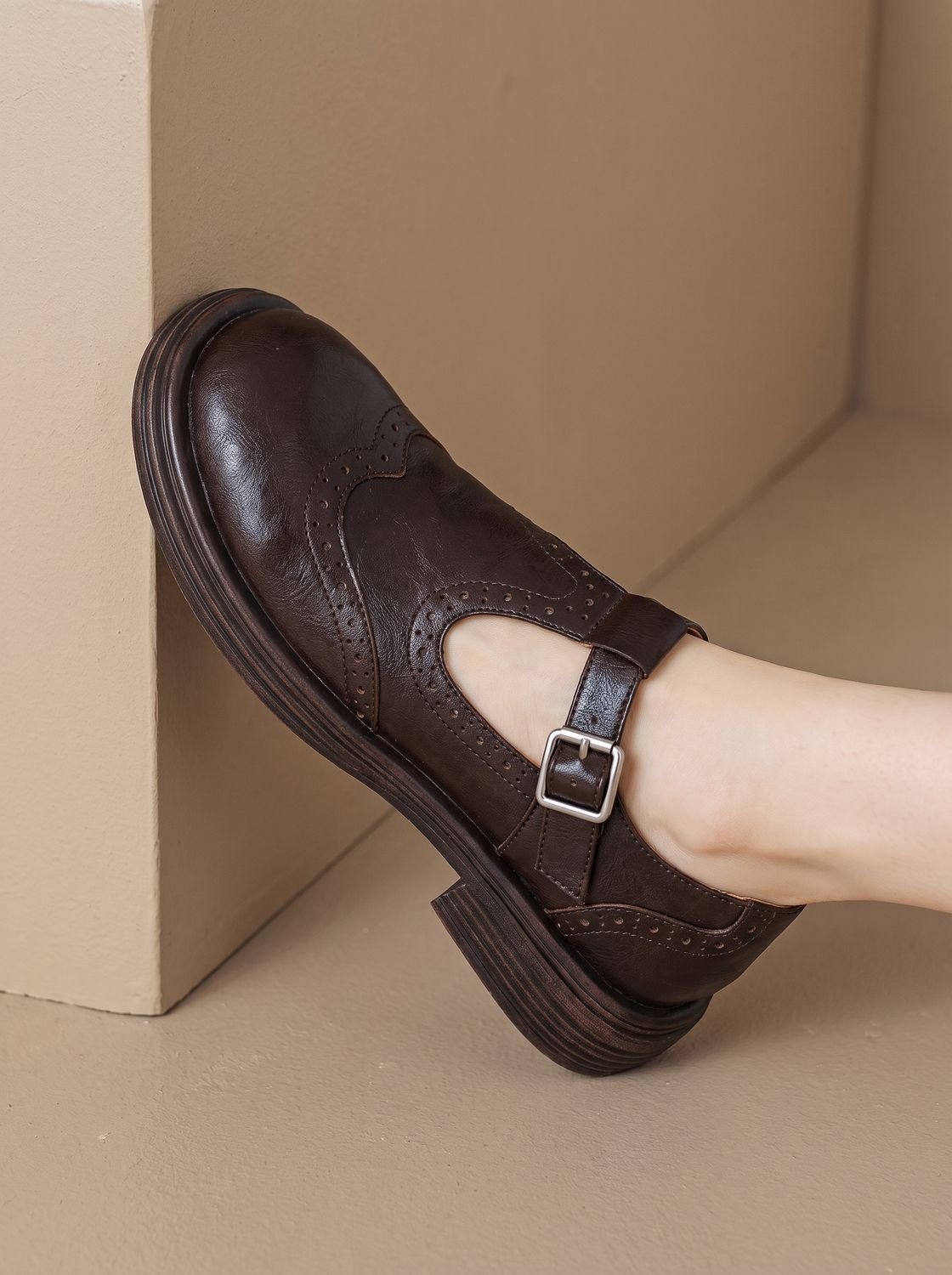 Wingtip buckle T-strap flats for women