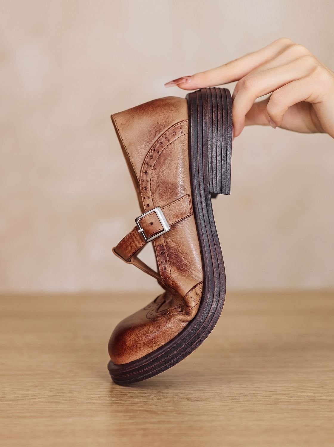 Wingtip buckle T-strap flats for women