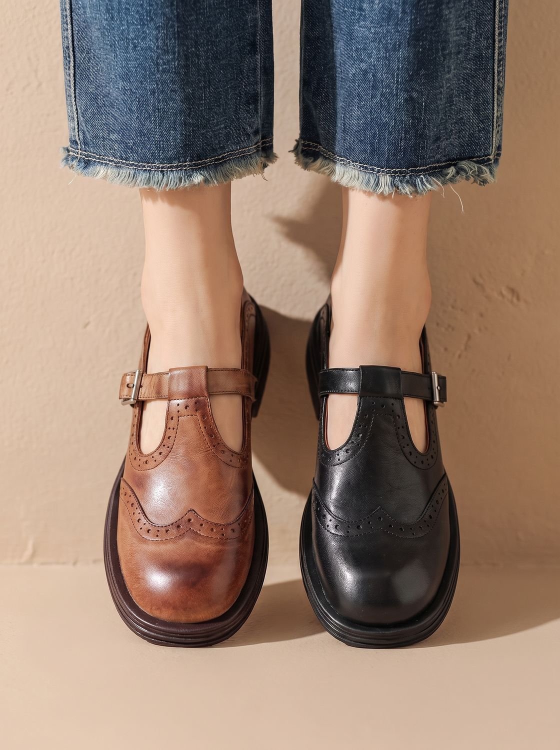 Wingtip buckle T-strap flats for women
