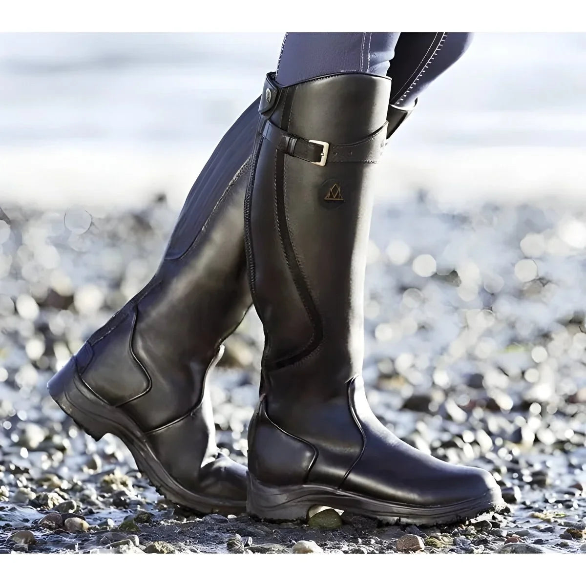 Buckle strap knee-high riding boots for women