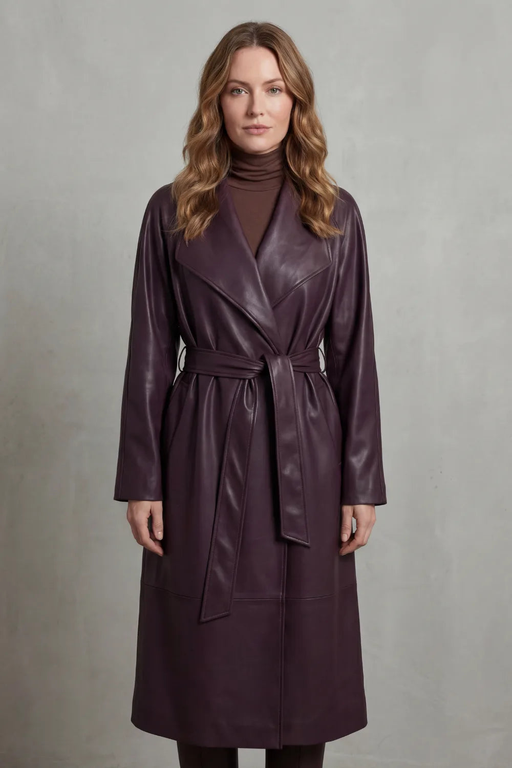 Leather-look longline trench belted coat for women