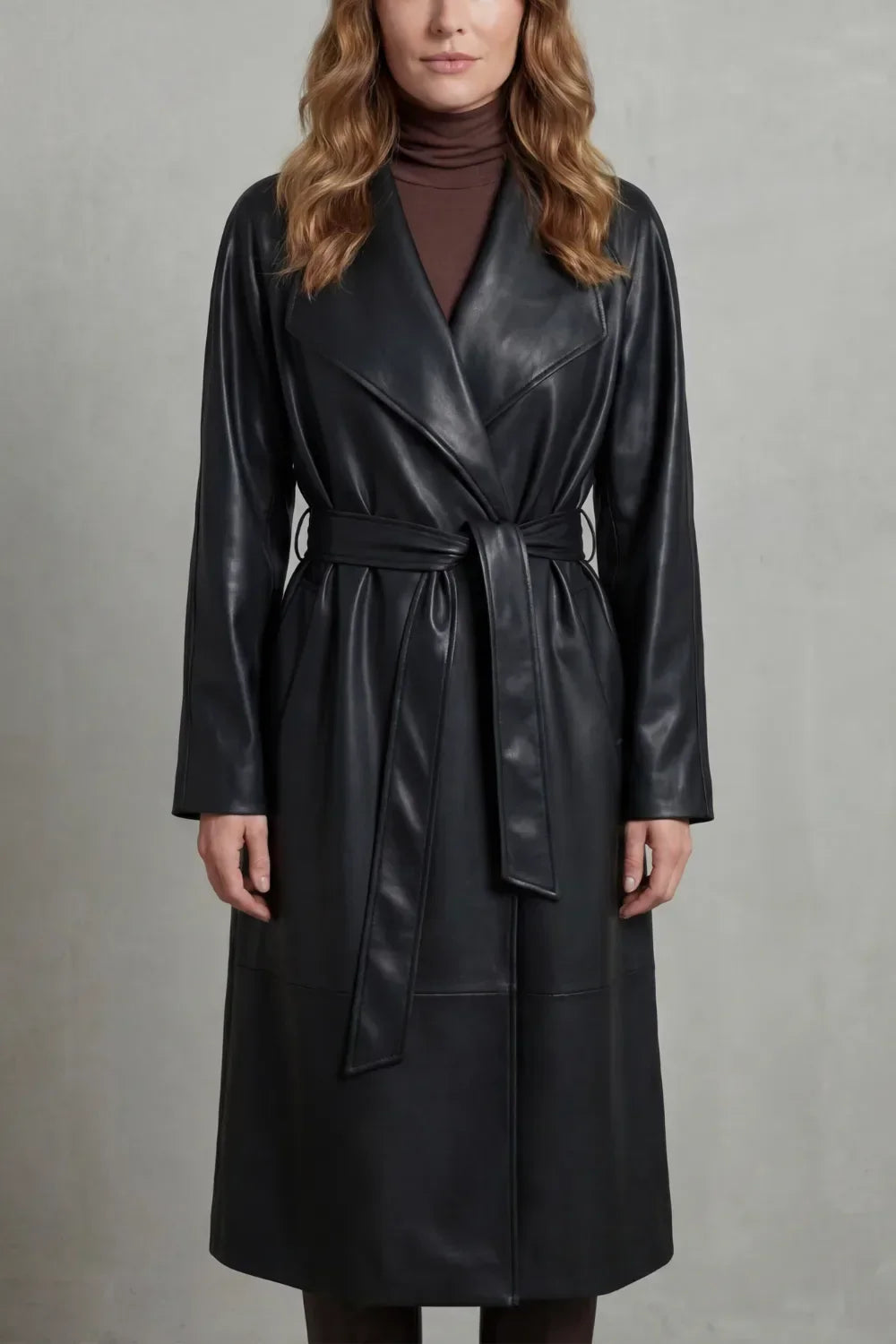 Leather-look longline trench belted coat for women