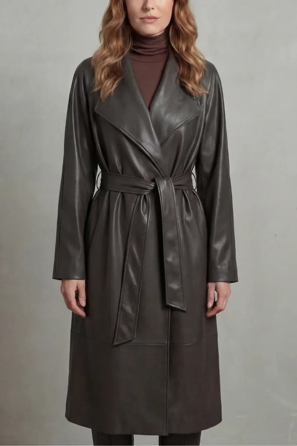 Leather-look longline trench belted coat for women