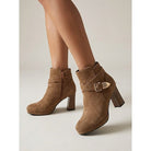 Suede-look block heel ankle buckle boots for women