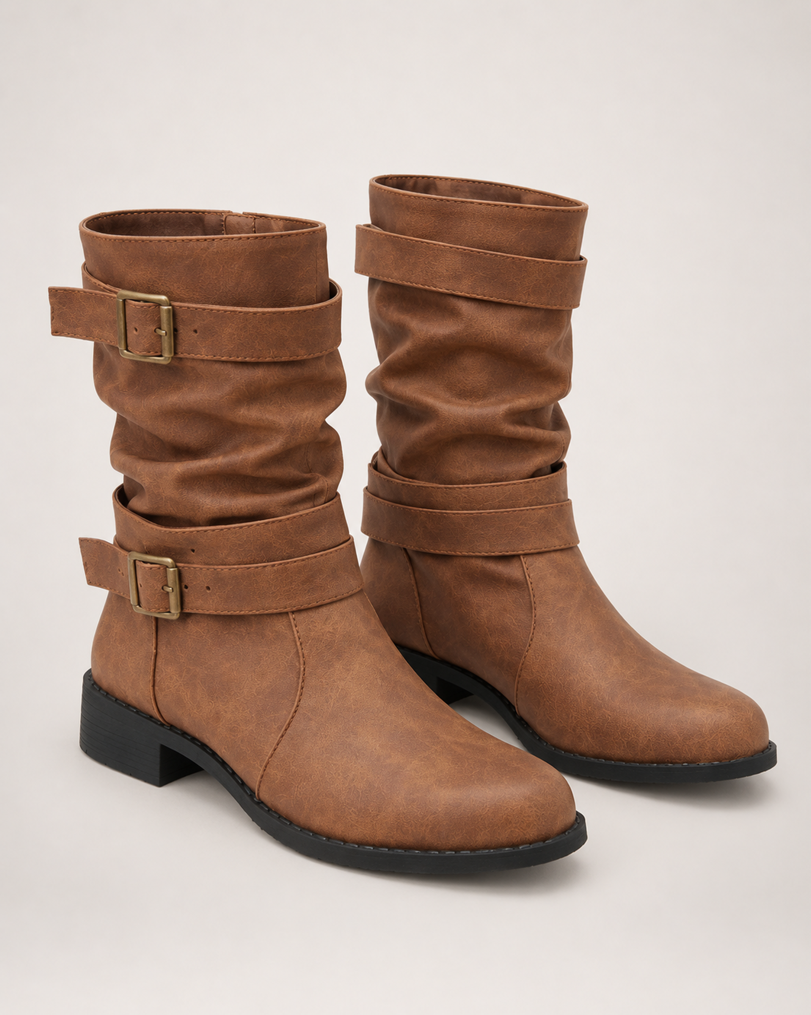 Double buckle mid-calf biker boots for women