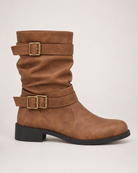 Double buckle mid-calf biker boots for women