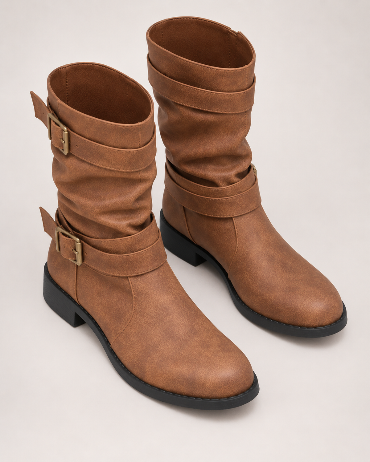 Double buckle mid-calf biker boots for women