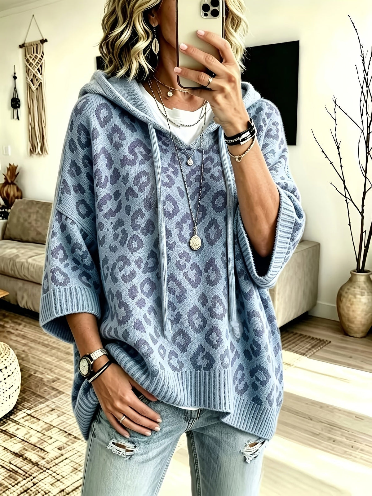Oversized leopard batwing knit hoodie for women
