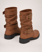 Double buckle mid-calf biker boots for women