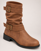 Double buckle mid-calf biker boots for women