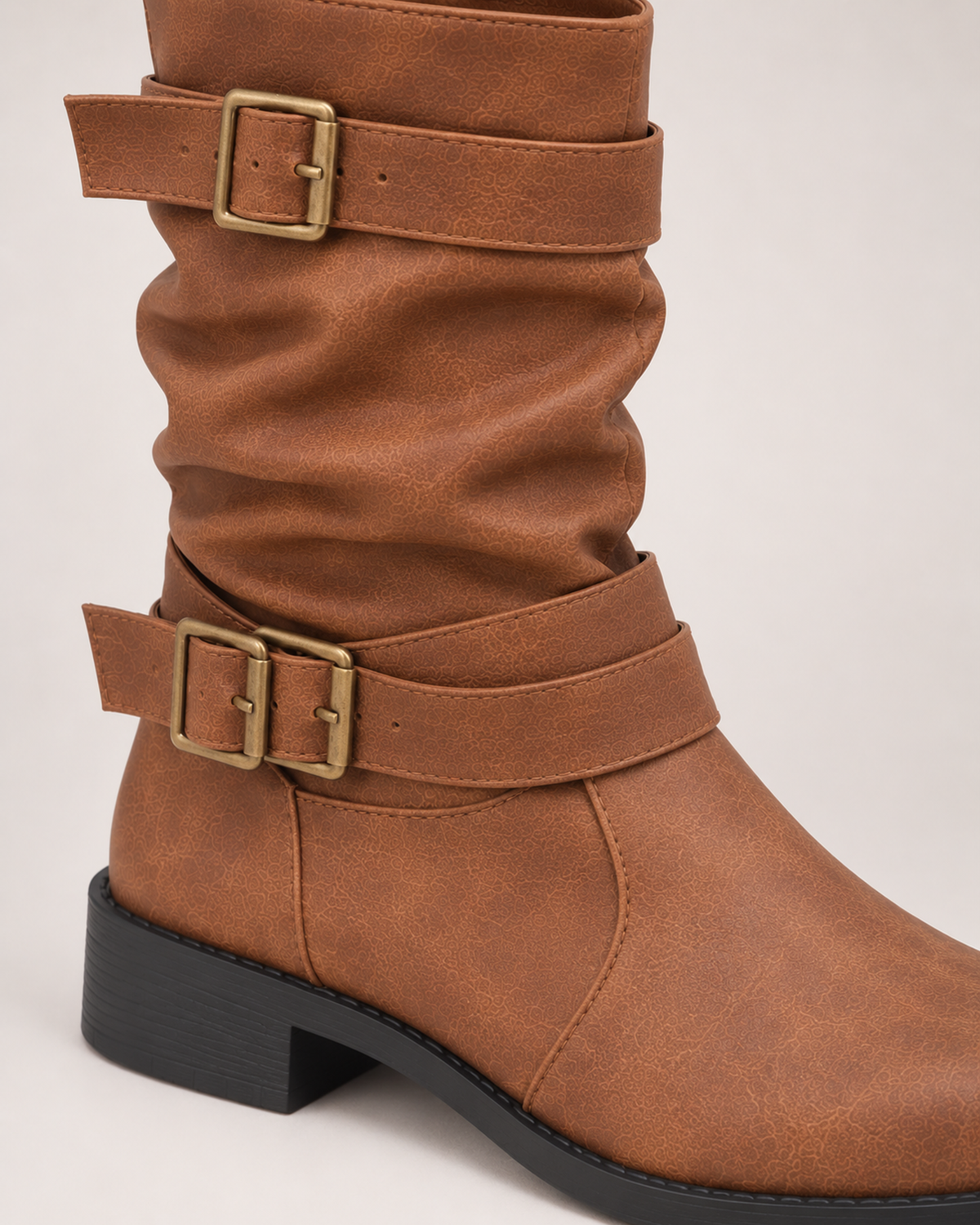 Double buckle mid-calf biker boots for women