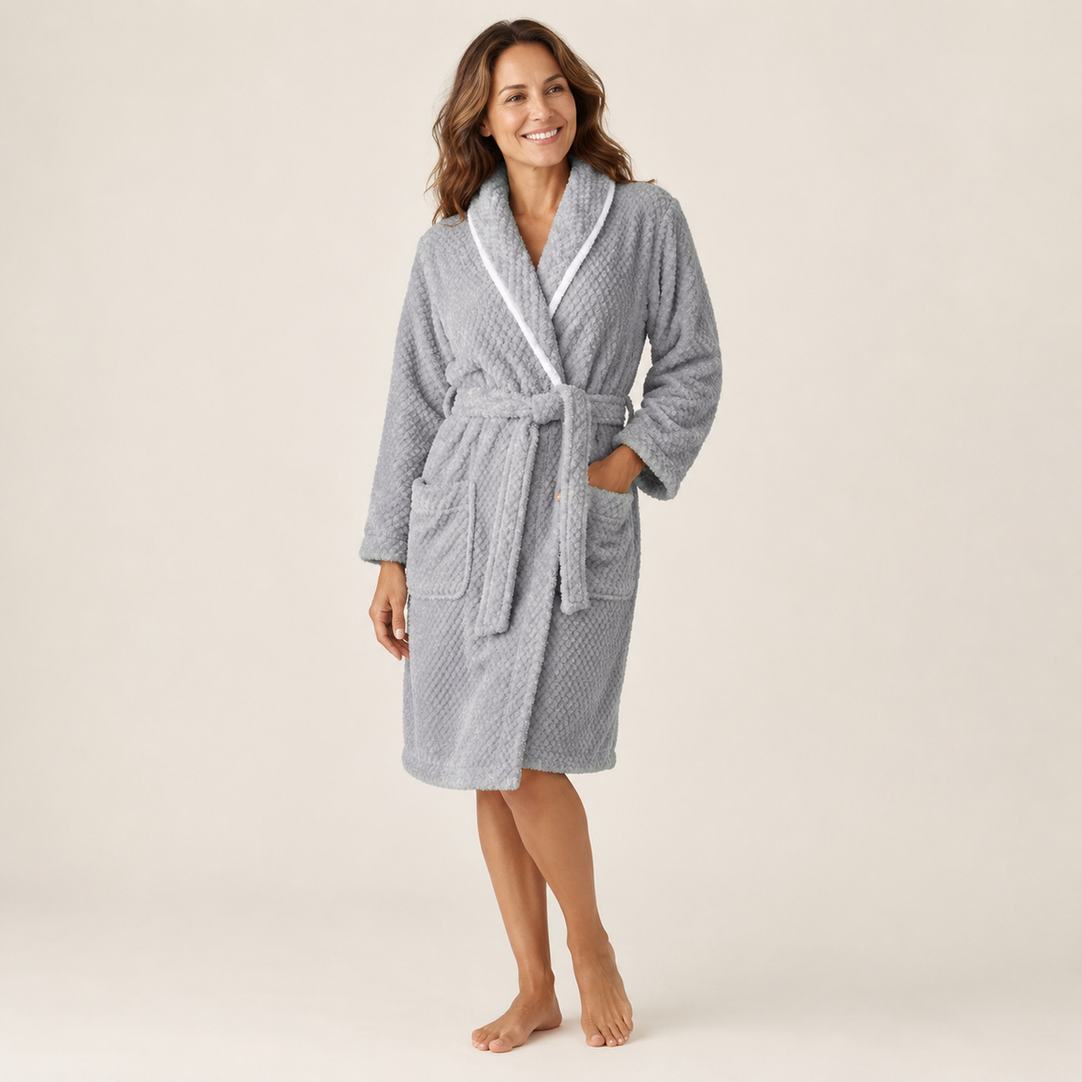 Shawl collar plush fleece robe for women