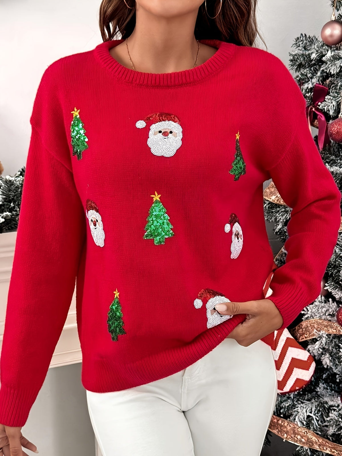 Red Christmas sweater with sequin Santa for women