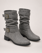 Double buckle mid-calf biker boots for women
