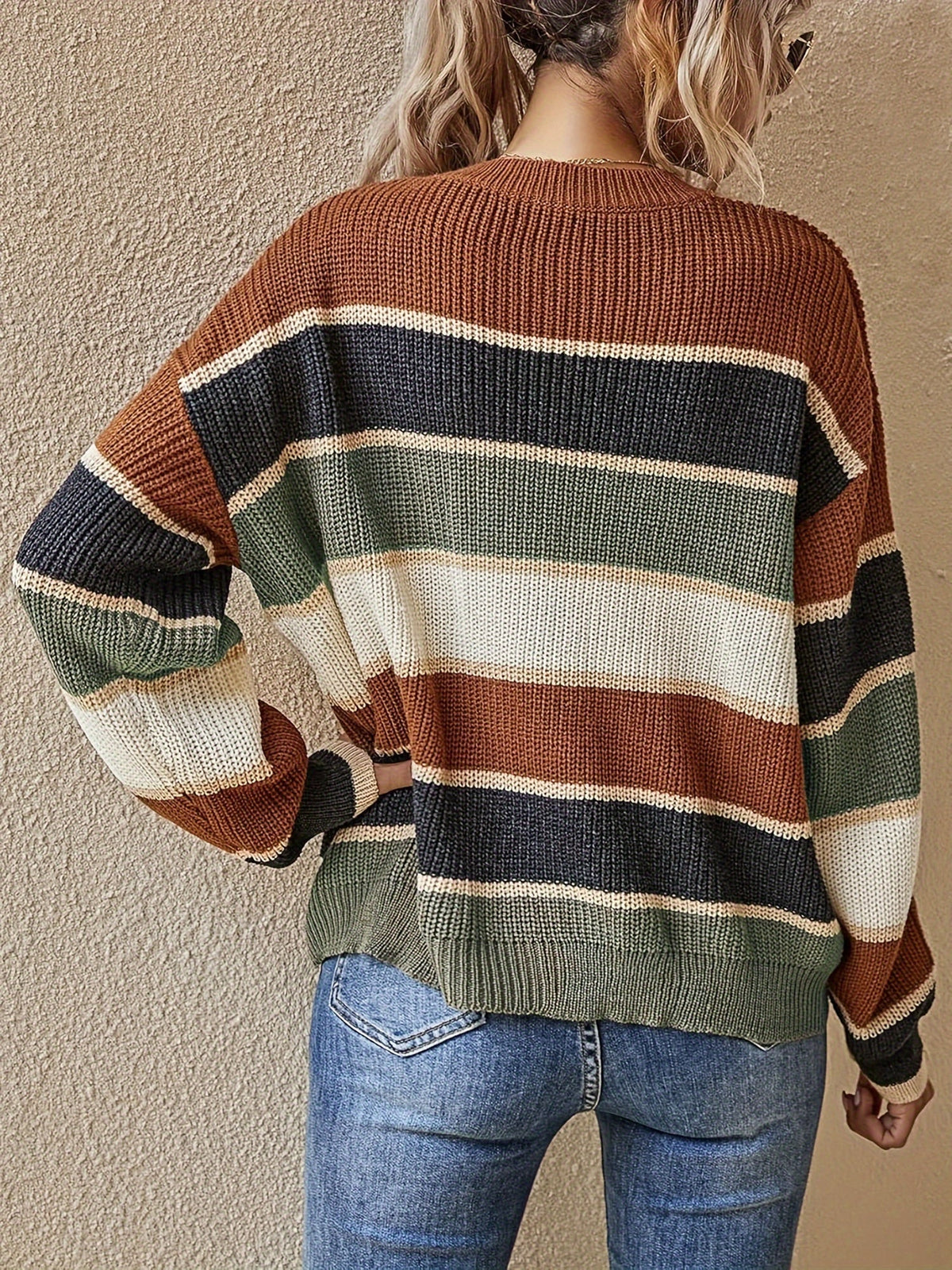 Striped color block sweater in burgundy, apricot and olive for women