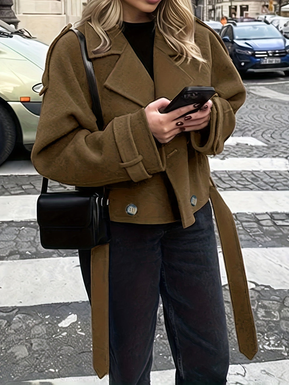 Belted oversized pea coat for women